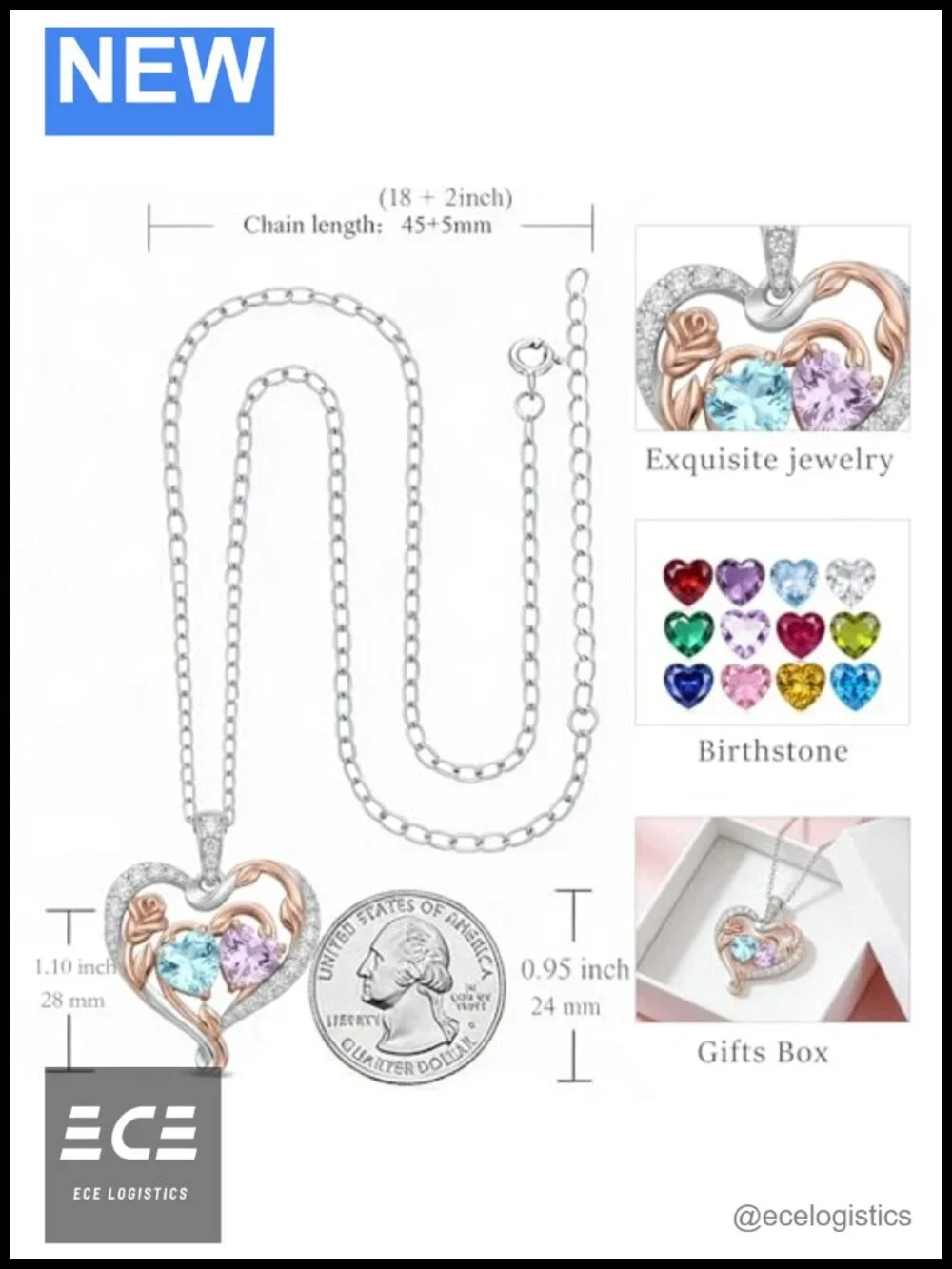Rose Birthstone Necklace Heart Pendant Adjustable Chain Gift for Women